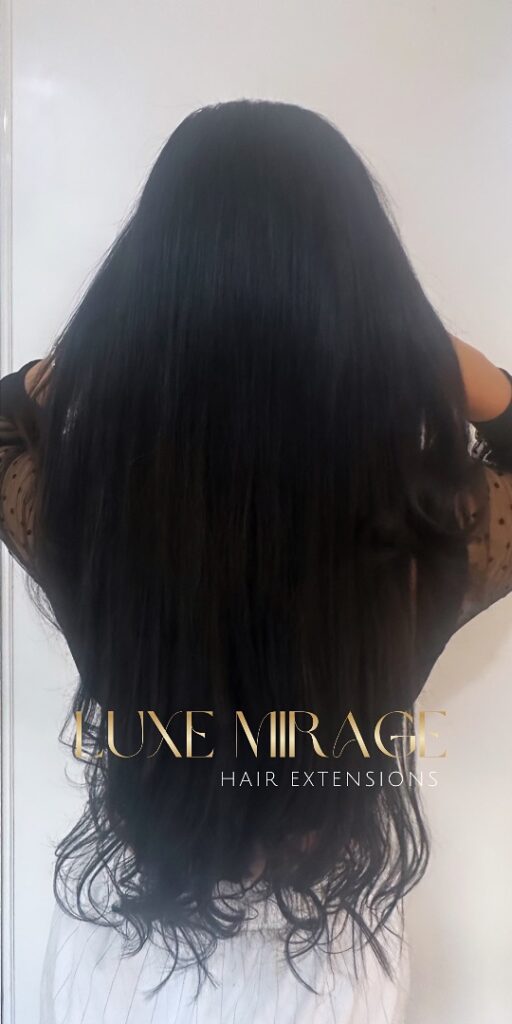 Luxe Mirage Hair Extensions - AFTER PHOTO beautiful long black natural hair extensions.