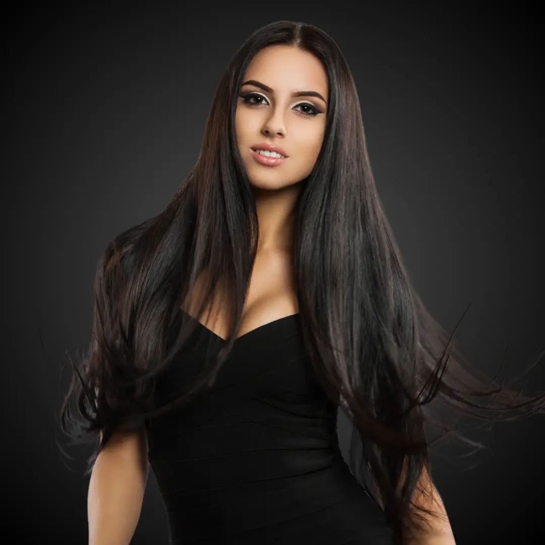 Luxe Mirage Hair Extensions - model with long black hair